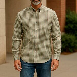 J.McLaughlin Men's Shirt Button Down M‎ Medium Green Brown Checked 100% Cotton